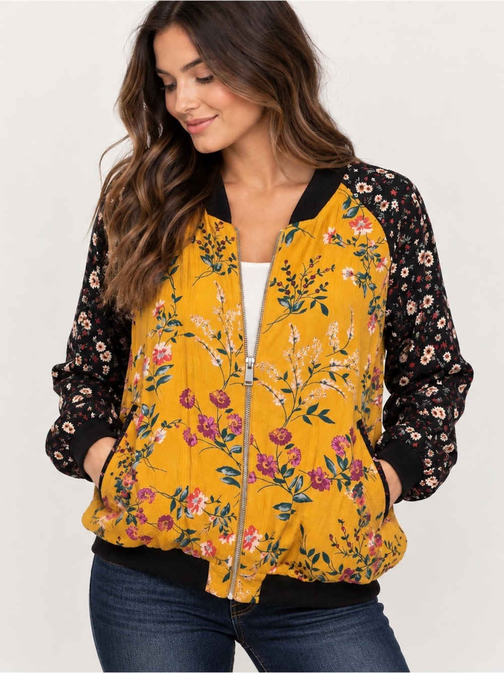 Umgee Mustard Floral Bomber Jacket Black Floral Sleeves Boho Large